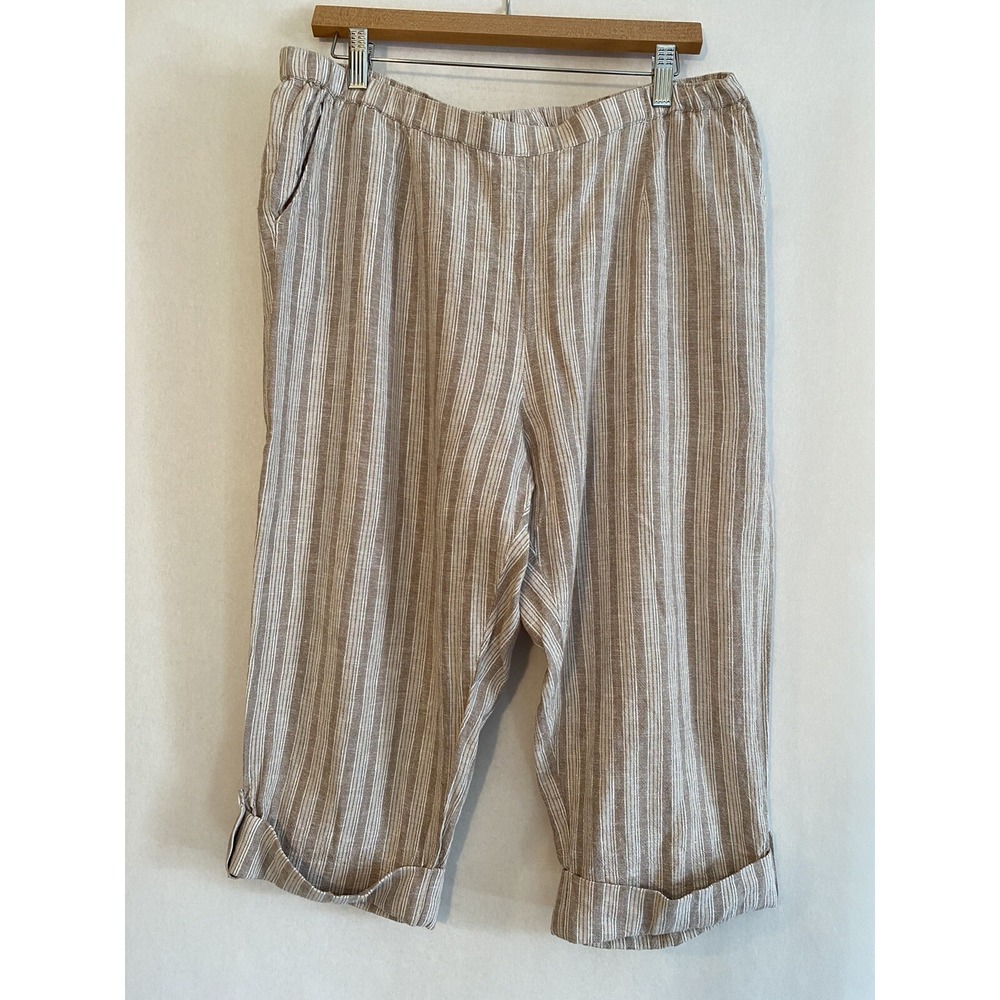 Norm Thompson Linen Capri Pants Women's Petite Large Beige Brown Striped